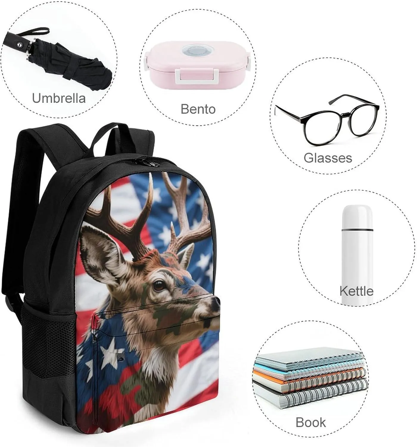 Men Women Lightweight American Flag Camo Deer Camouflage Art Backpack Large Capacity Carry On Bag With Padded Straps for Sports Work Walking Cycling