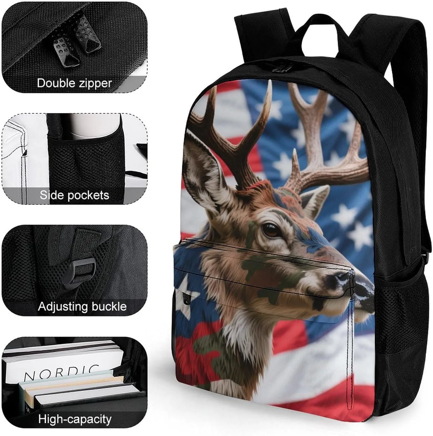 Men Women Lightweight American Flag Camo Deer Camouflage Art Backpack Large Capacity Carry On Bag With Padded Straps for Sports Work Walking Cycling