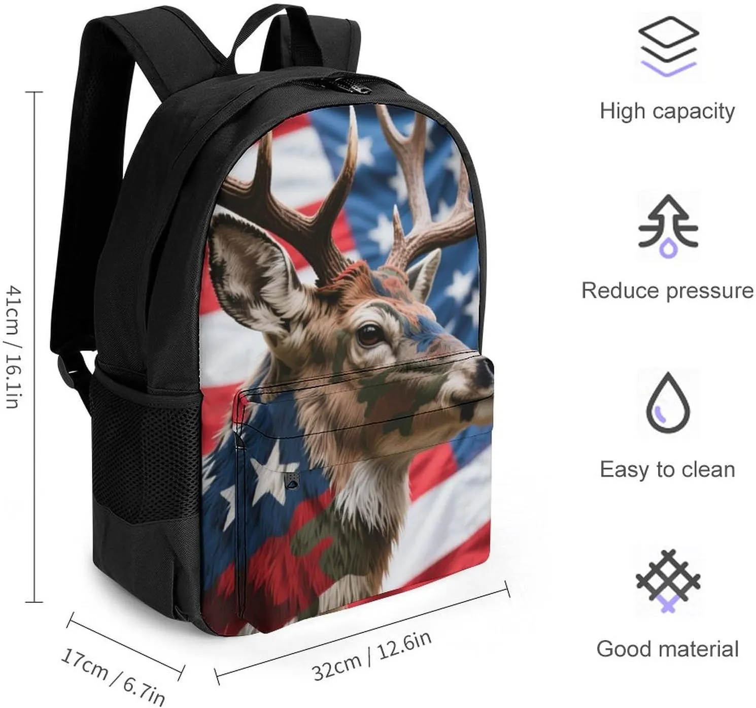 Men Women Lightweight American Flag Camo Deer Camouflage Art Backpack Large Capacity Carry On Bag With Padded Straps for Sports Work Walking Cycling
