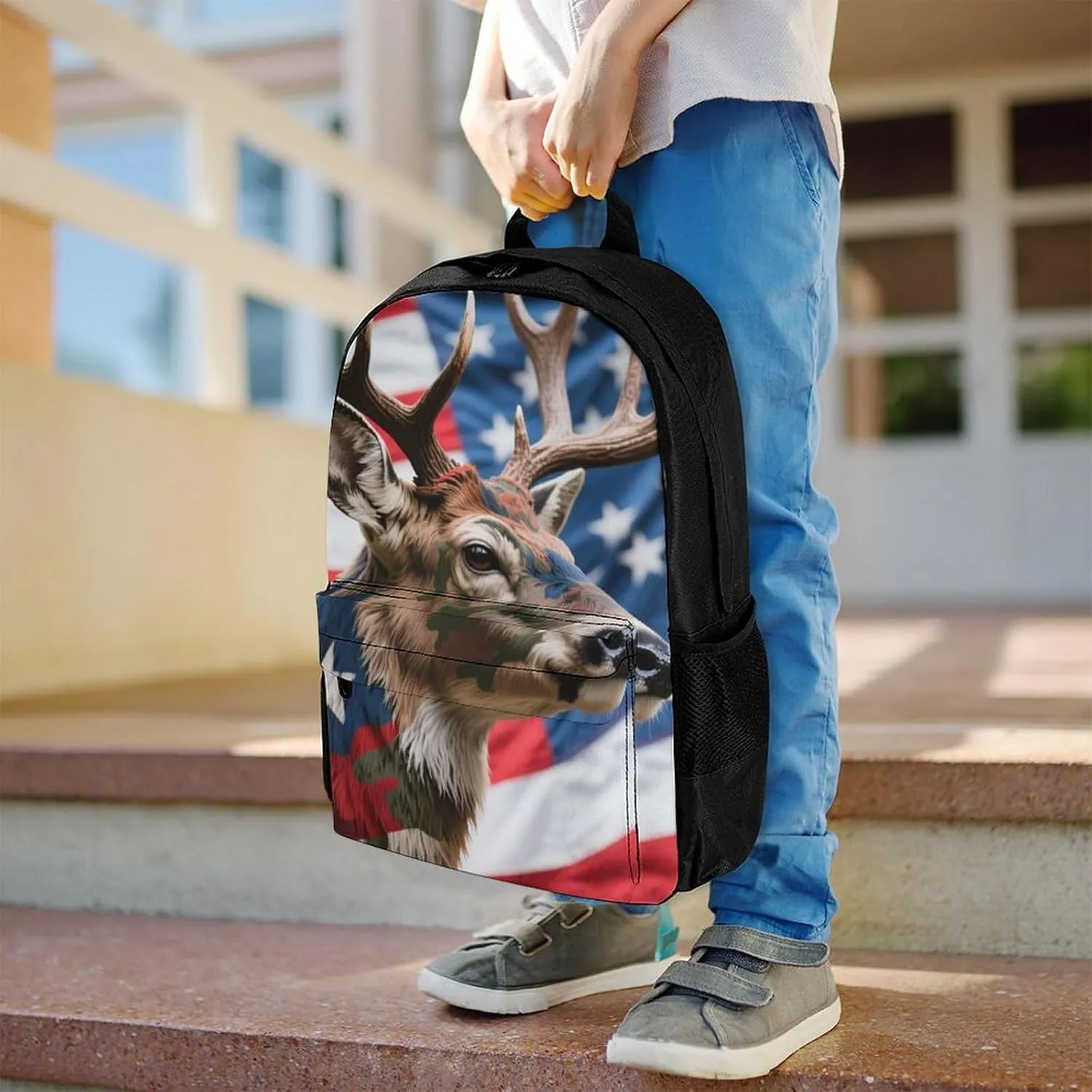 Men Women Lightweight American Flag Camo Deer Camouflage Art Backpack Large Capacity Carry On Bag With Padded Straps for Sports Work Walking Cycling