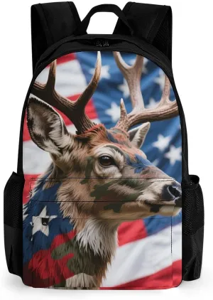 Men Women Lightweight American Flag Camo Deer Camouflage Art Backpack Large Capacity Carry On Bag With Padded Straps for Sports Work Walking Cycling