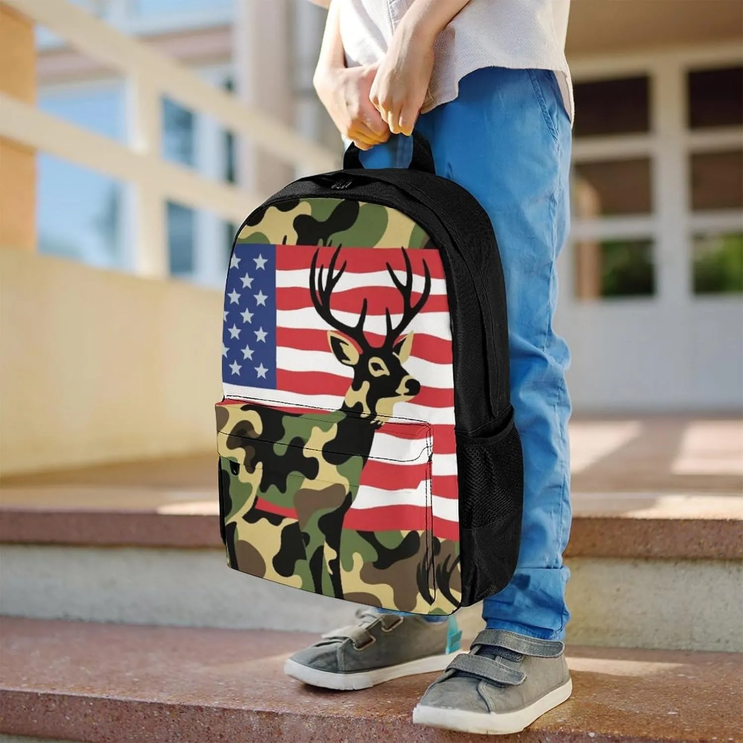 Men Women Lightweight American Flag Camo Deer Camouflage Art Casual Daypack Big Capacity Bookbag With Padded Straps for Gym Travel Walking Cycling