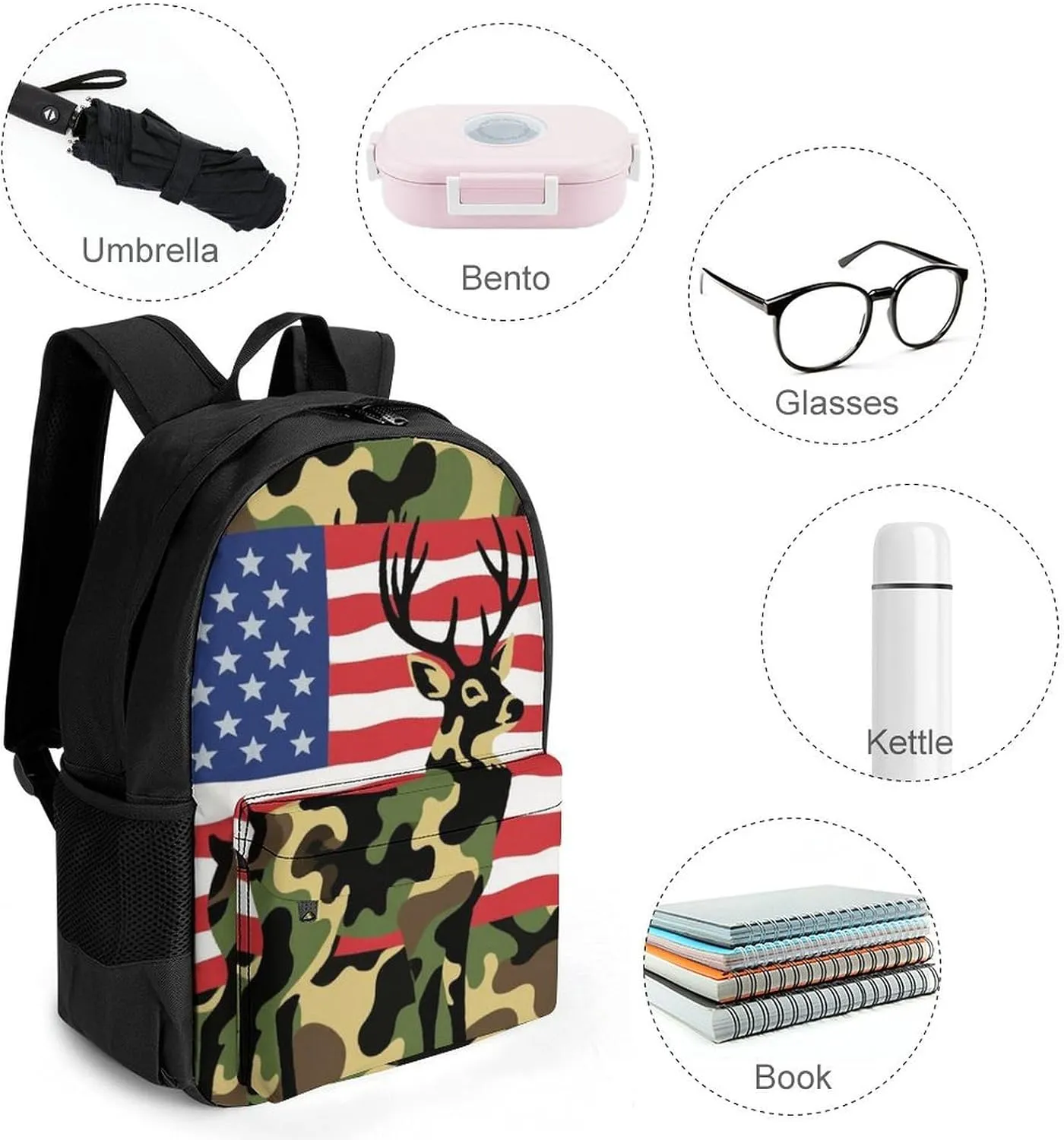 Men Women Lightweight American Flag Camo Deer Camouflage Art Casual Daypack Big Capacity Bookbag With Padded Straps for Gym Travel Walking Cycling