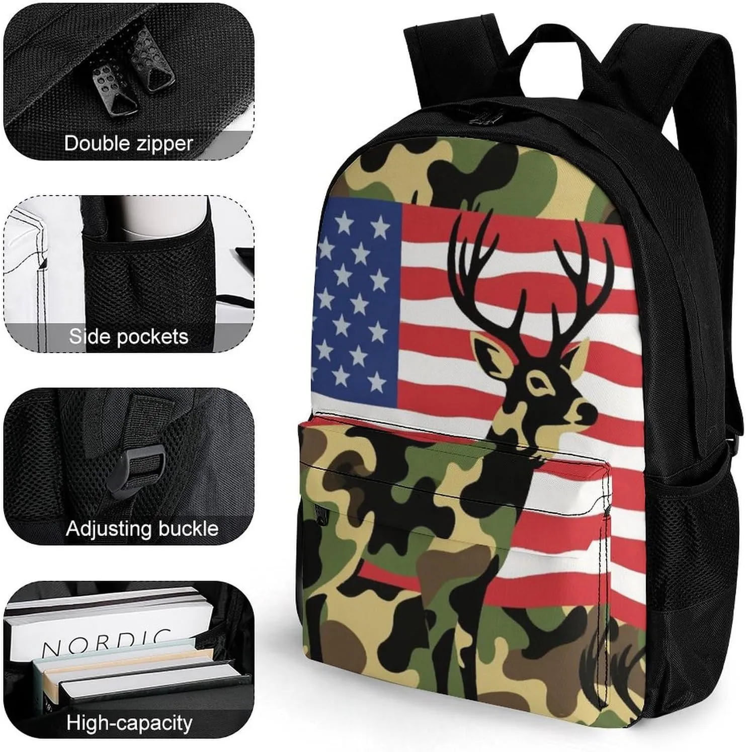 Men Women Lightweight American Flag Camo Deer Camouflage Art Casual Daypack Big Capacity Bookbag With Padded Straps for Gym Travel Walking Cycling