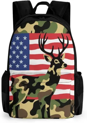 Men Women Lightweight American Flag Camo Deer Camouflage Art Casual Daypack Big Capacity Bookbag With Padded Straps for Gym Travel Walking Cycling