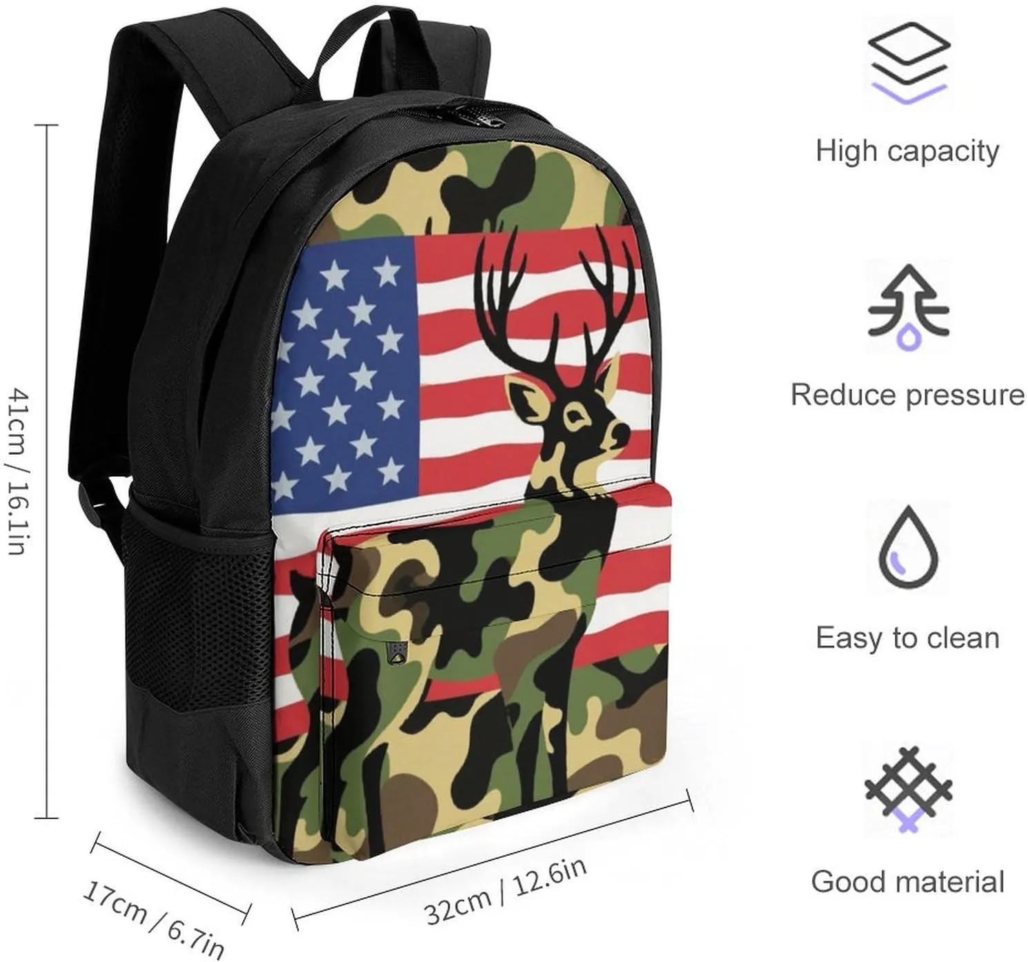 Men Women Lightweight American Flag Camo Deer Camouflage Art Casual Daypack Big Capacity Bookbag With Padded Straps for Gym Travel Walking Cycling