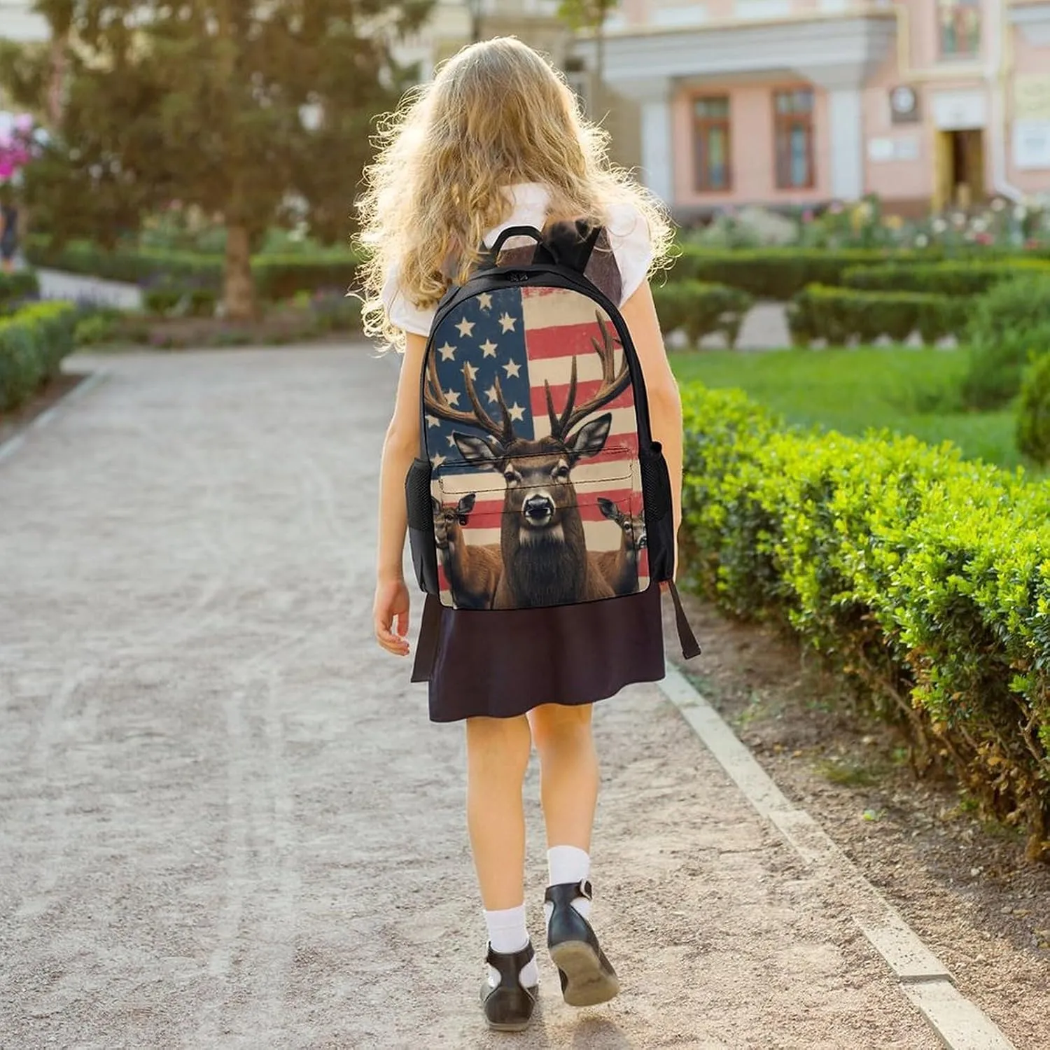 Men Women Lightweight American Us Flag Hunting Camo Deer Backpack Large Capacity Bookbag With Smooth Zippers for Gym Business Running