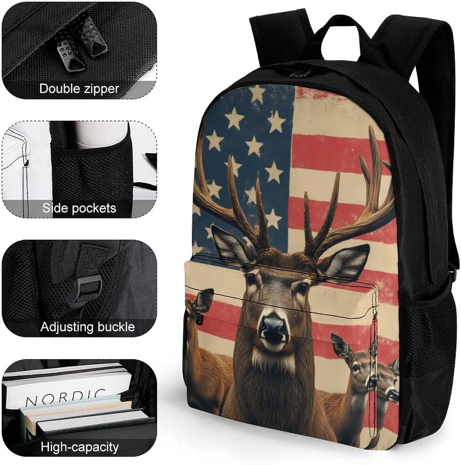 Men Women Lightweight American Us Flag Hunting Camo Deer Backpack Large Capacity Bookbag With Smooth Zippers for Gym Business Running