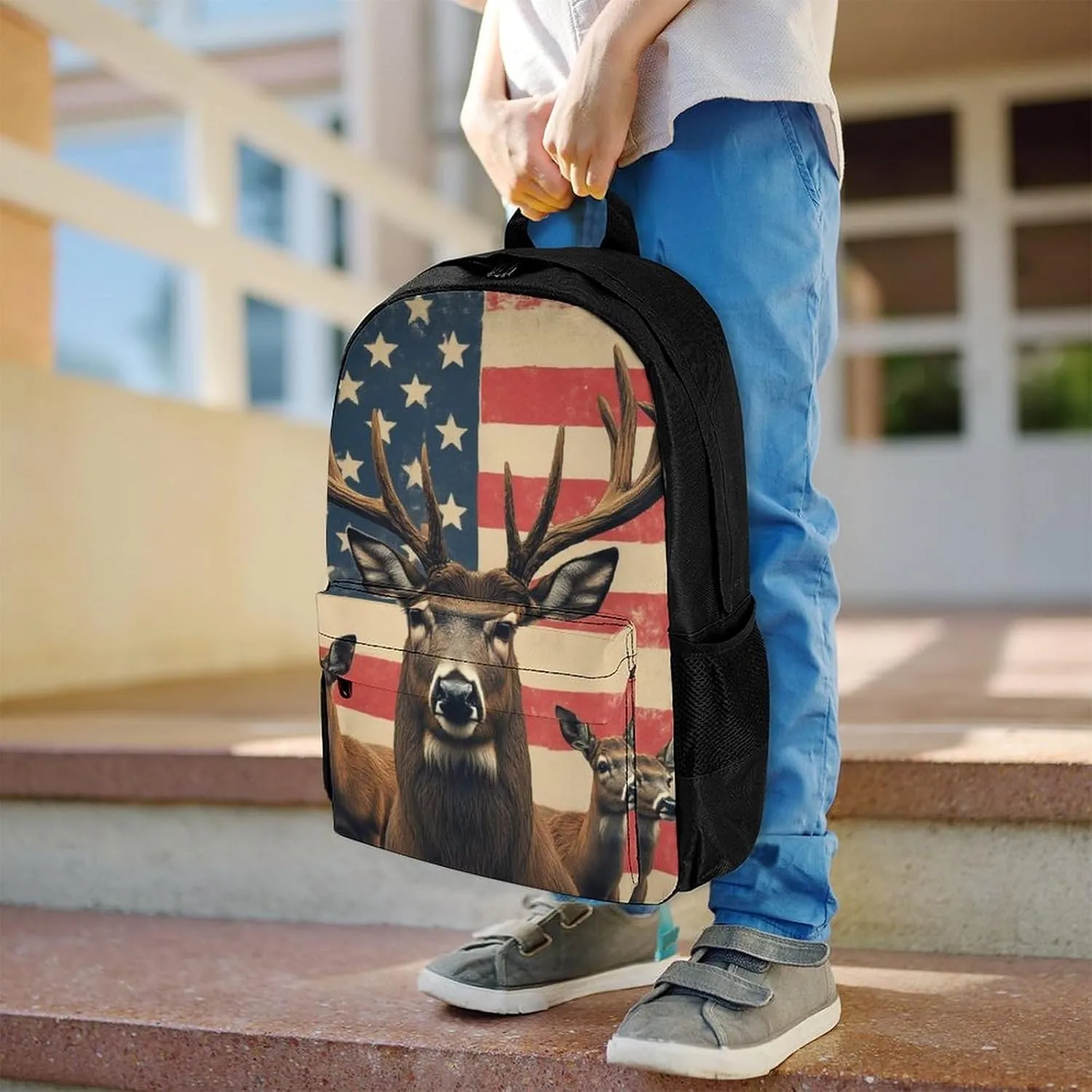 Men Women Lightweight American Us Flag Hunting Camo Deer Backpack Large Capacity Bookbag With Smooth Zippers for Gym Business Running