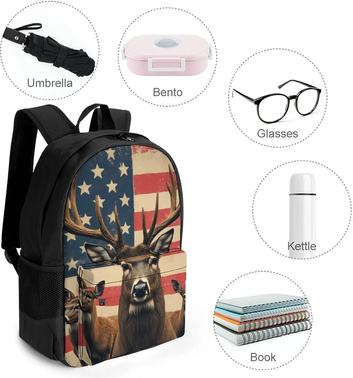 Men Women Lightweight American Us Flag Hunting Camo Deer Backpack Large Capacity Bookbag With Smooth Zippers for Gym Business Running