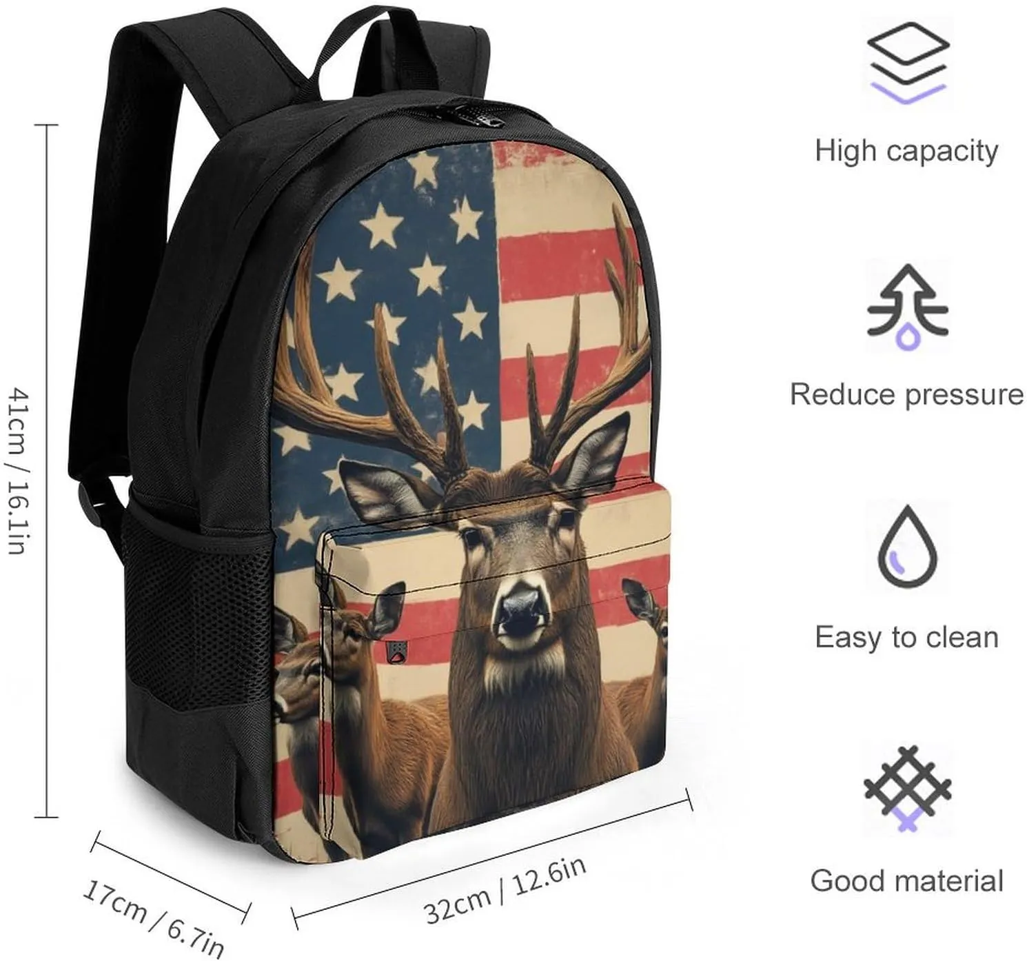 Men Women Lightweight American Us Flag Hunting Camo Deer Backpack Large Capacity Bookbag With Smooth Zippers for Gym Business Running