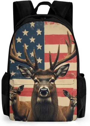 Men Women Lightweight American Us Flag Hunting Camo Deer Backpack Large Capacity Bookbag With Smooth Zippers for Gym Business Running