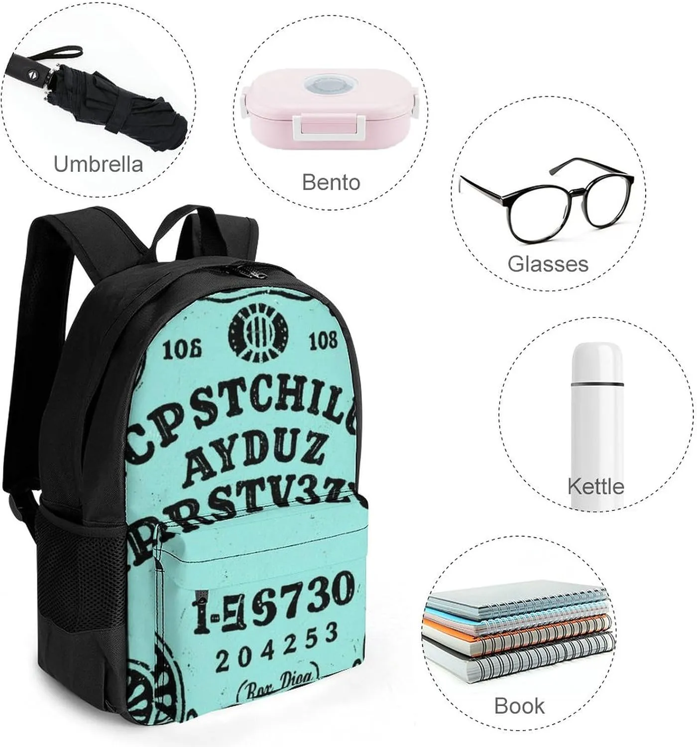 Men Women Lightweight Ancient Witch Magic Spirit Board Art Backpack Large Capacity Bookbag With Smooth Zippers for Gym Business Running