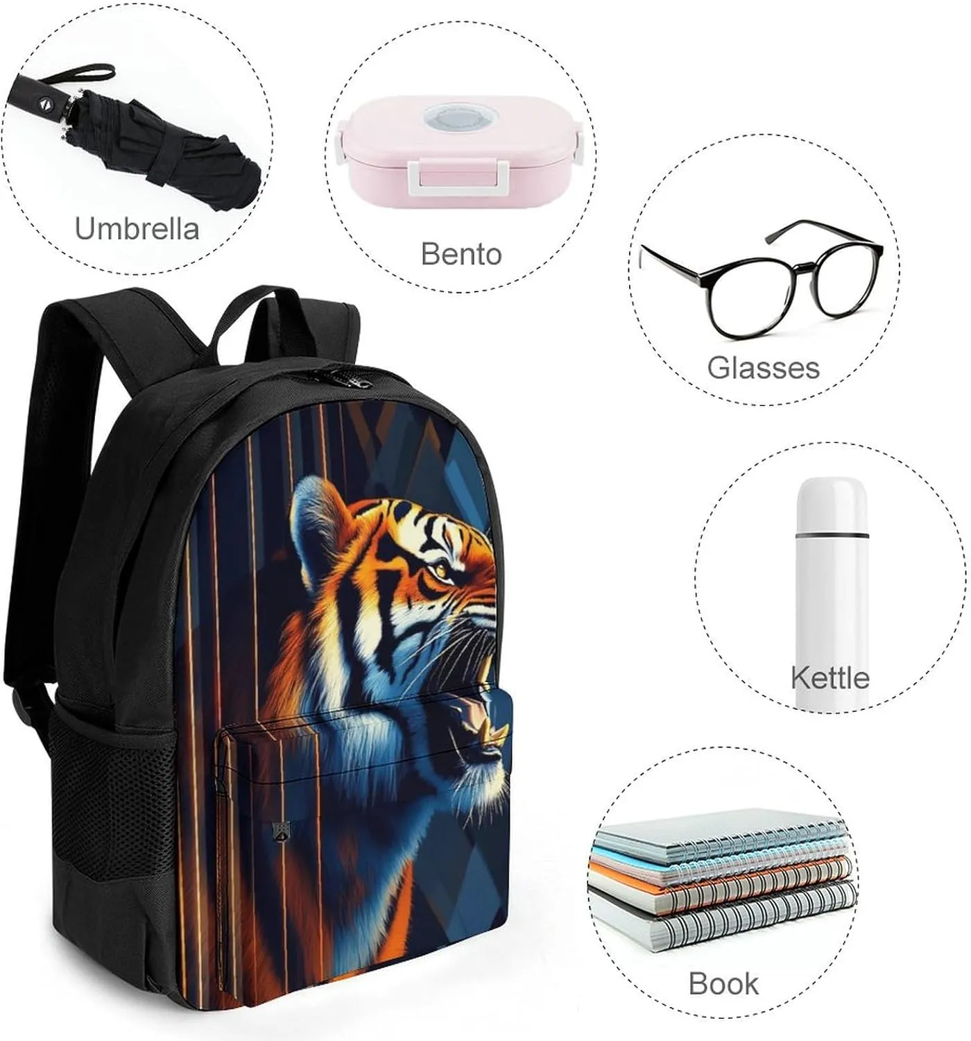 Men Women Lightweight Angry Tiger Animal Magic Art Backpack Large Capacity Bookbag With Smooth Zippers for Gym Business Running
