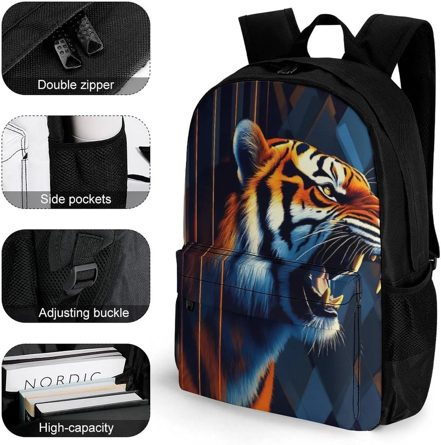 Men Women Lightweight Angry Tiger Animal Magic Art Backpack Large Capacity Bookbag With Smooth Zippers for Gym Business Running