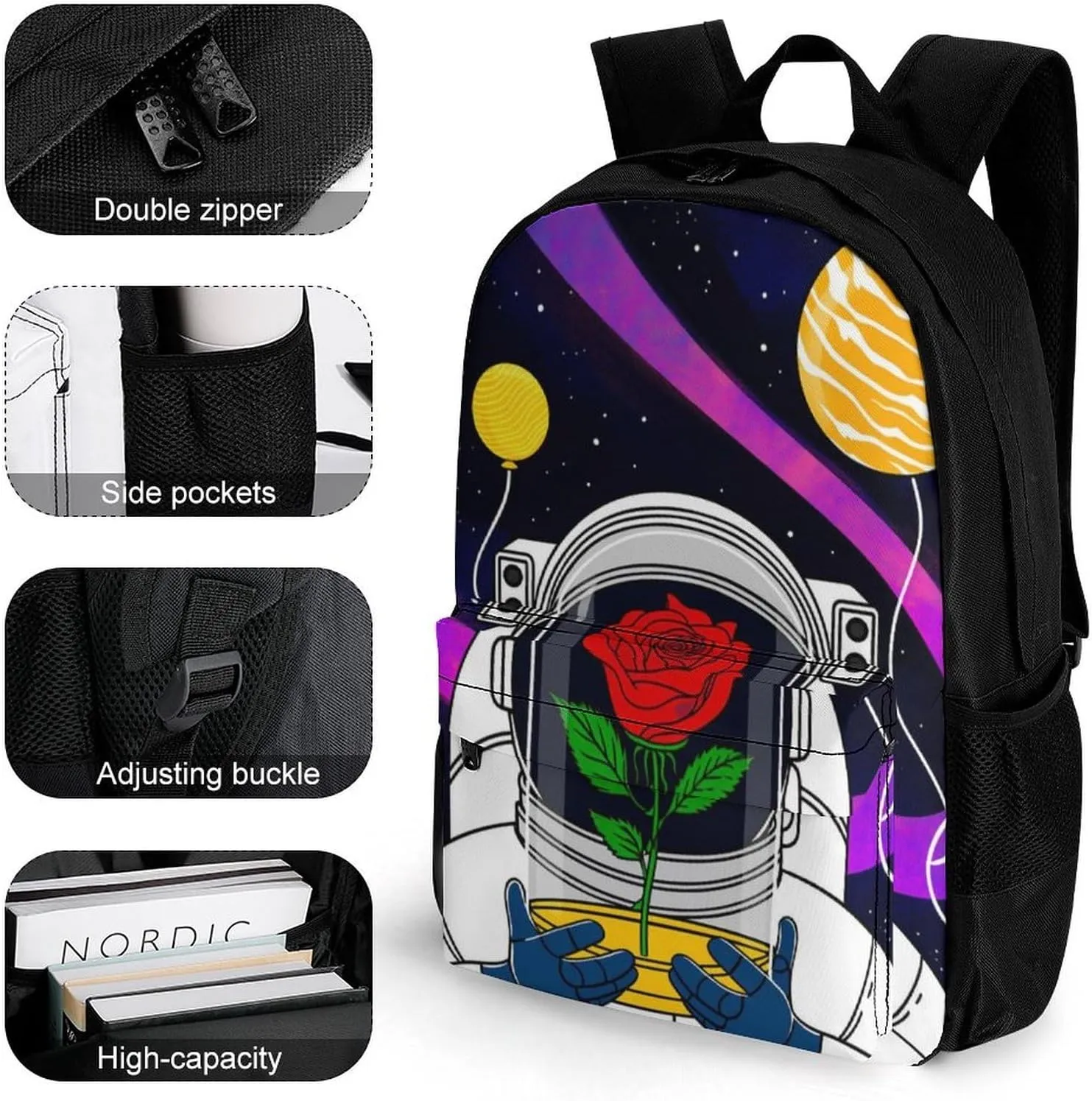 Men Women Lightweight Astronaut Starry Sky Roses Colorful Planet Art Backpack Large Capacity Bookbag With Smooth Zippers for Gym Business Running