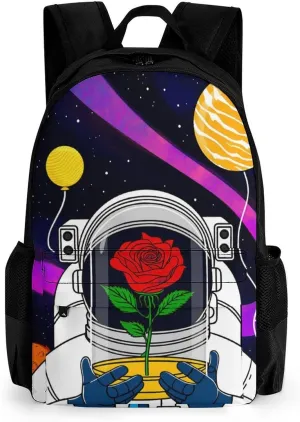 Men Women Lightweight Astronaut Starry Sky Roses Colorful Planet Art Backpack Large Capacity Bookbag With Smooth Zippers for Gym Business Running