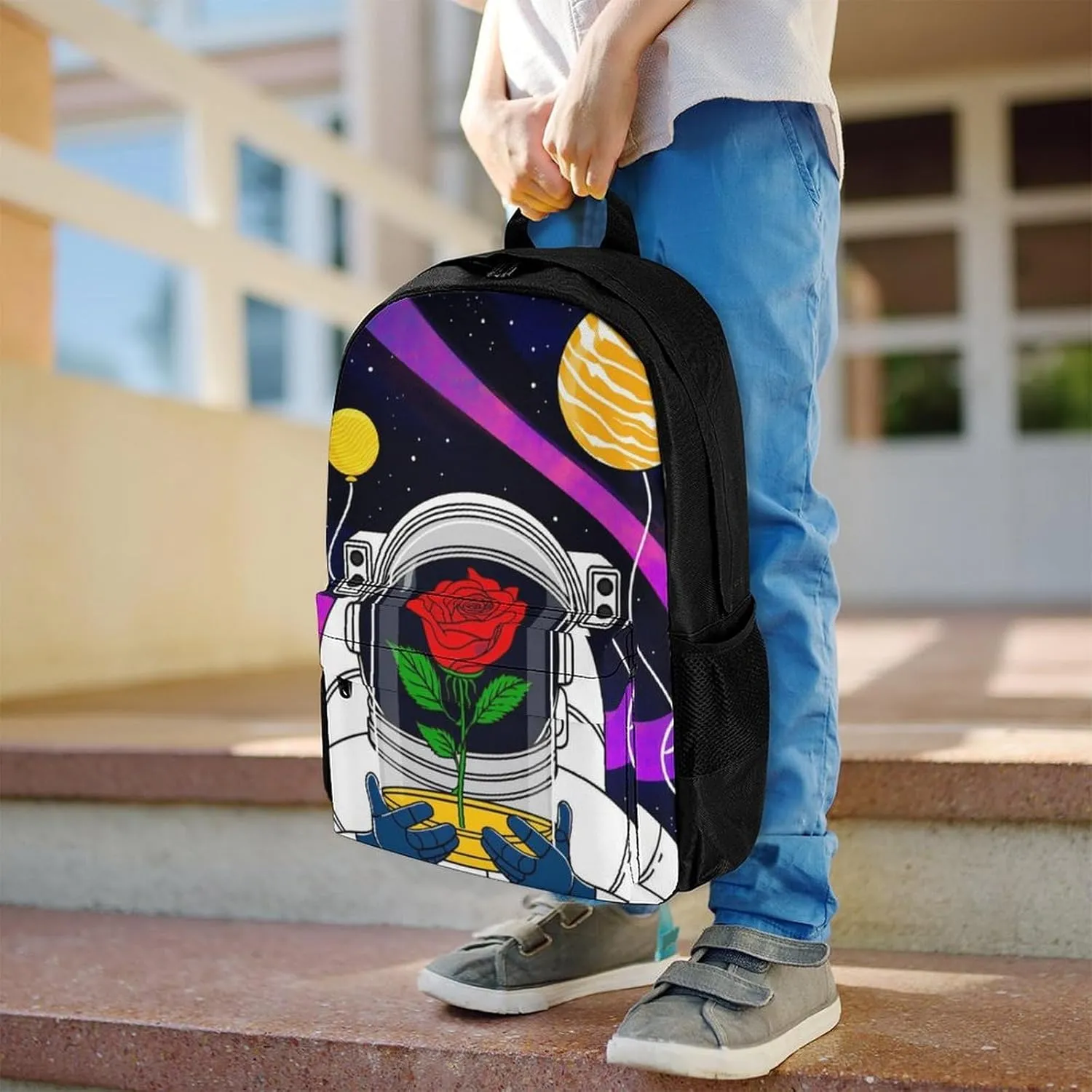 Men Women Lightweight Astronaut Starry Sky Roses Colorful Planet Art Backpack Large Capacity Bookbag With Smooth Zippers for Gym Business Running
