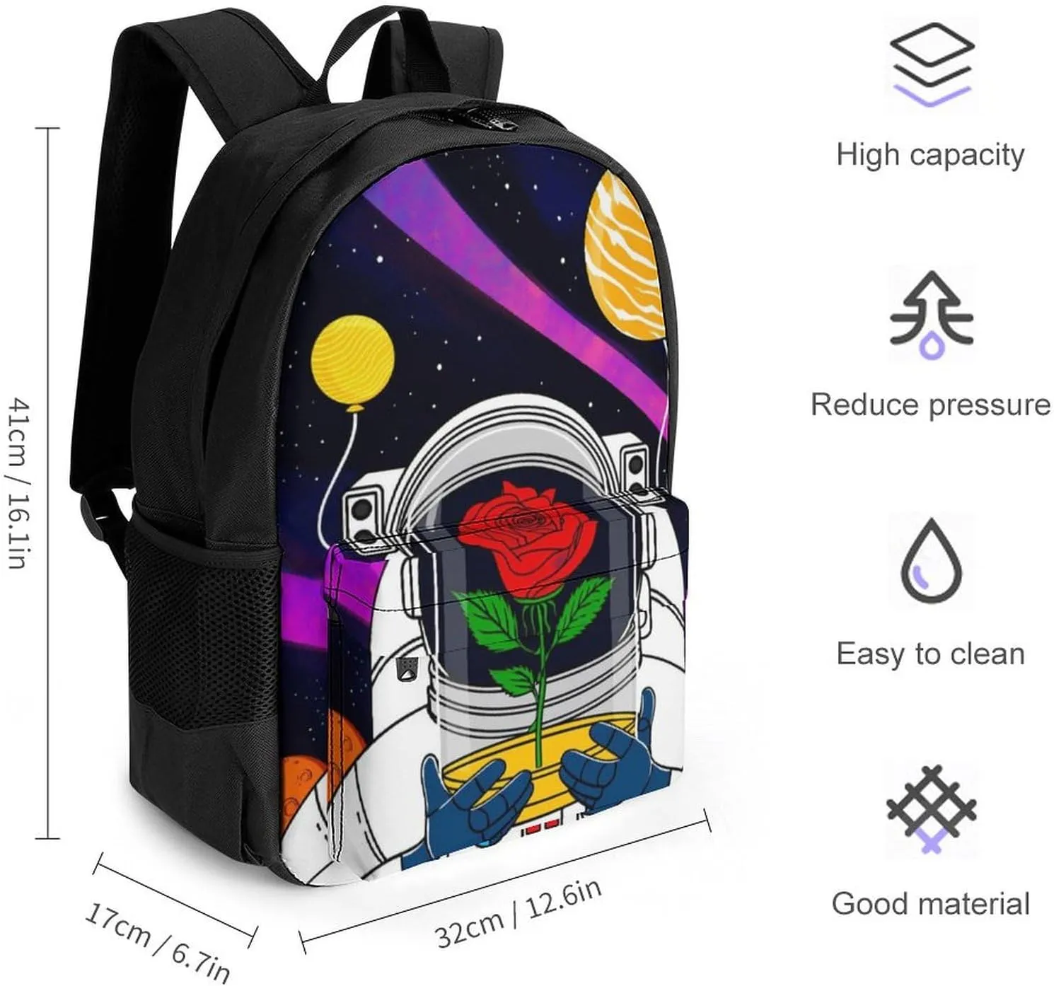 Men Women Lightweight Astronaut Starry Sky Roses Colorful Planet Art Backpack Large Capacity Bookbag With Smooth Zippers for Gym Business Running