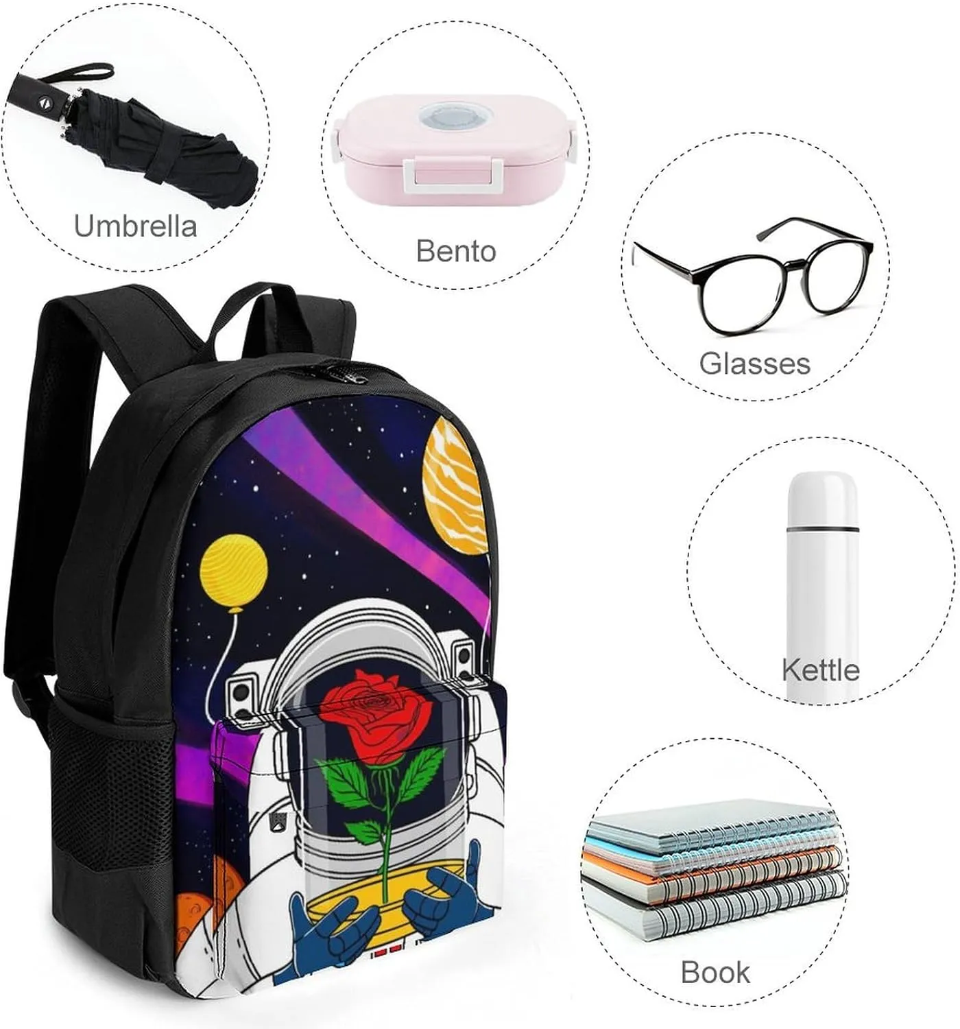 Men Women Lightweight Astronaut Starry Sky Roses Colorful Planet Art Backpack Large Capacity Bookbag With Smooth Zippers for Gym Business Running