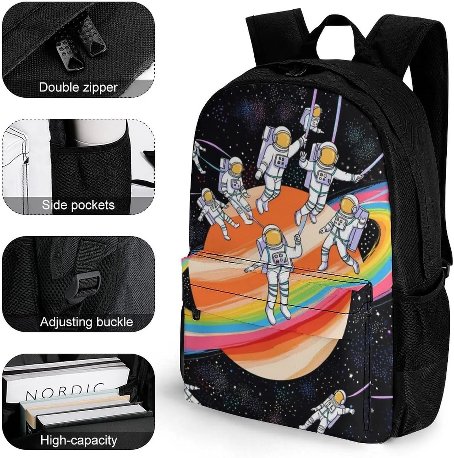 Men Women Lightweight Astronauts Go Round Planet Space Art Casual Daypack Big Capacity Bookbag With Padded Straps for Gym Travel Walking Cycling