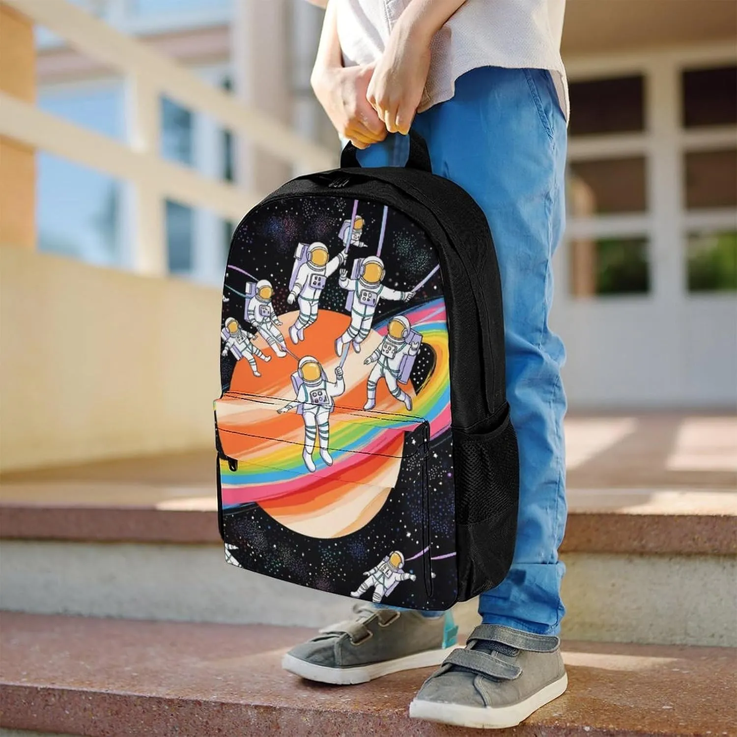 Men Women Lightweight Astronauts Go Round Planet Space Art Casual Daypack Big Capacity Bookbag With Padded Straps for Gym Travel Walking Cycling