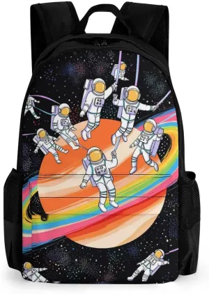Men Women Lightweight Astronauts Go Round Planet Space Art Casual Daypack Big Capacity Bookbag With Padded Straps for Gym Travel Walking Cycling