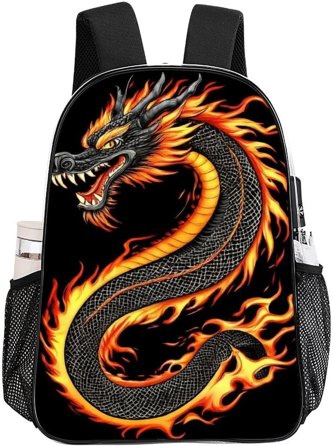 Men Women Lightweight Burning Flaming Fire Chinese Dragon Backpack Large Capacity Carry On Bag Transparent Bag for Sports Work Walking Cycling
