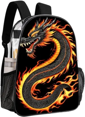Men Women Lightweight Burning Flaming Fire Chinese Dragon Backpack Large Capacity Carry On Bag Transparent Bag for Sports Work Walking Cycling