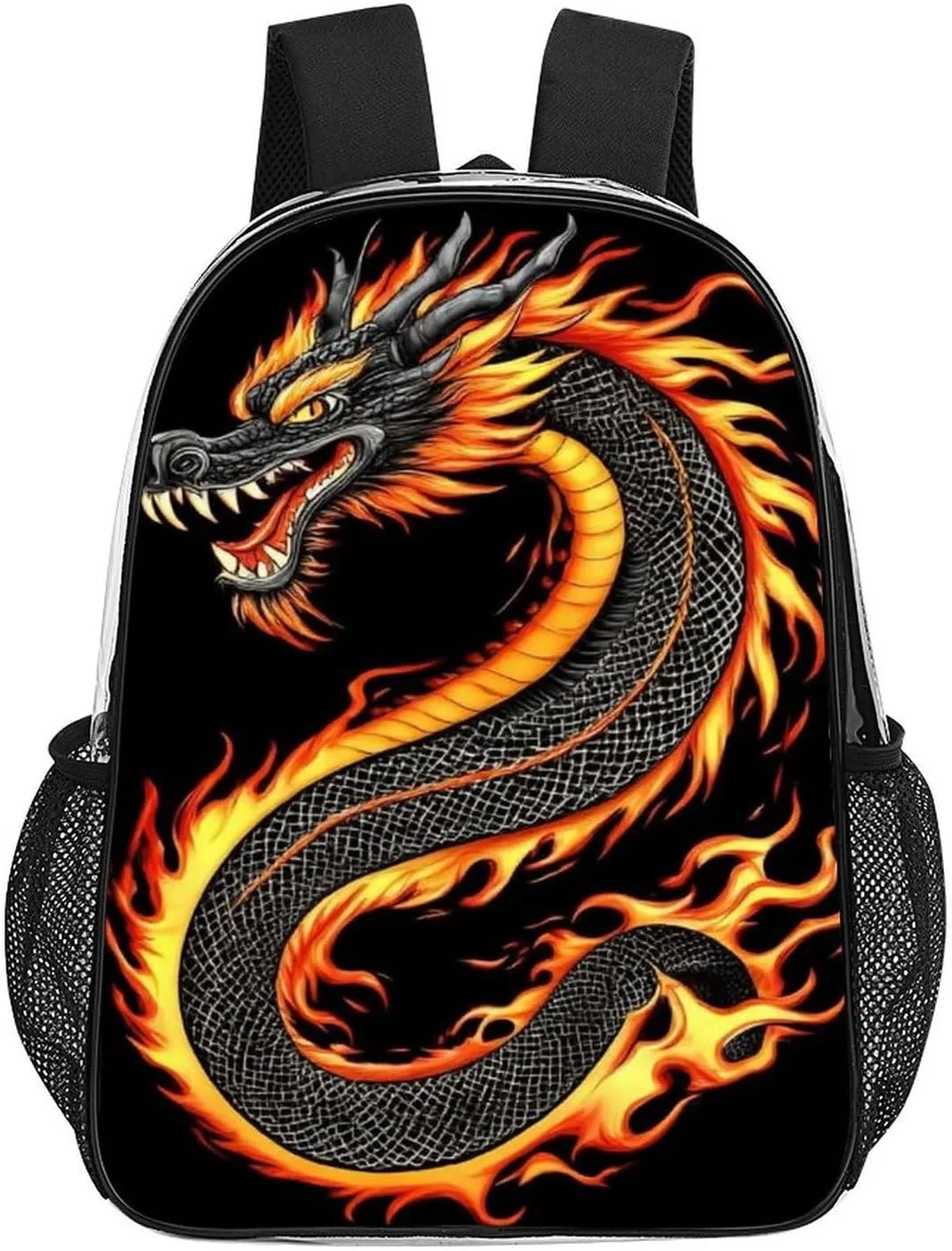 Men Women Lightweight Burning Flaming Fire Chinese Dragon Backpack Large Capacity Carry On Bag Transparent Bag for Sports Work Walking Cycling