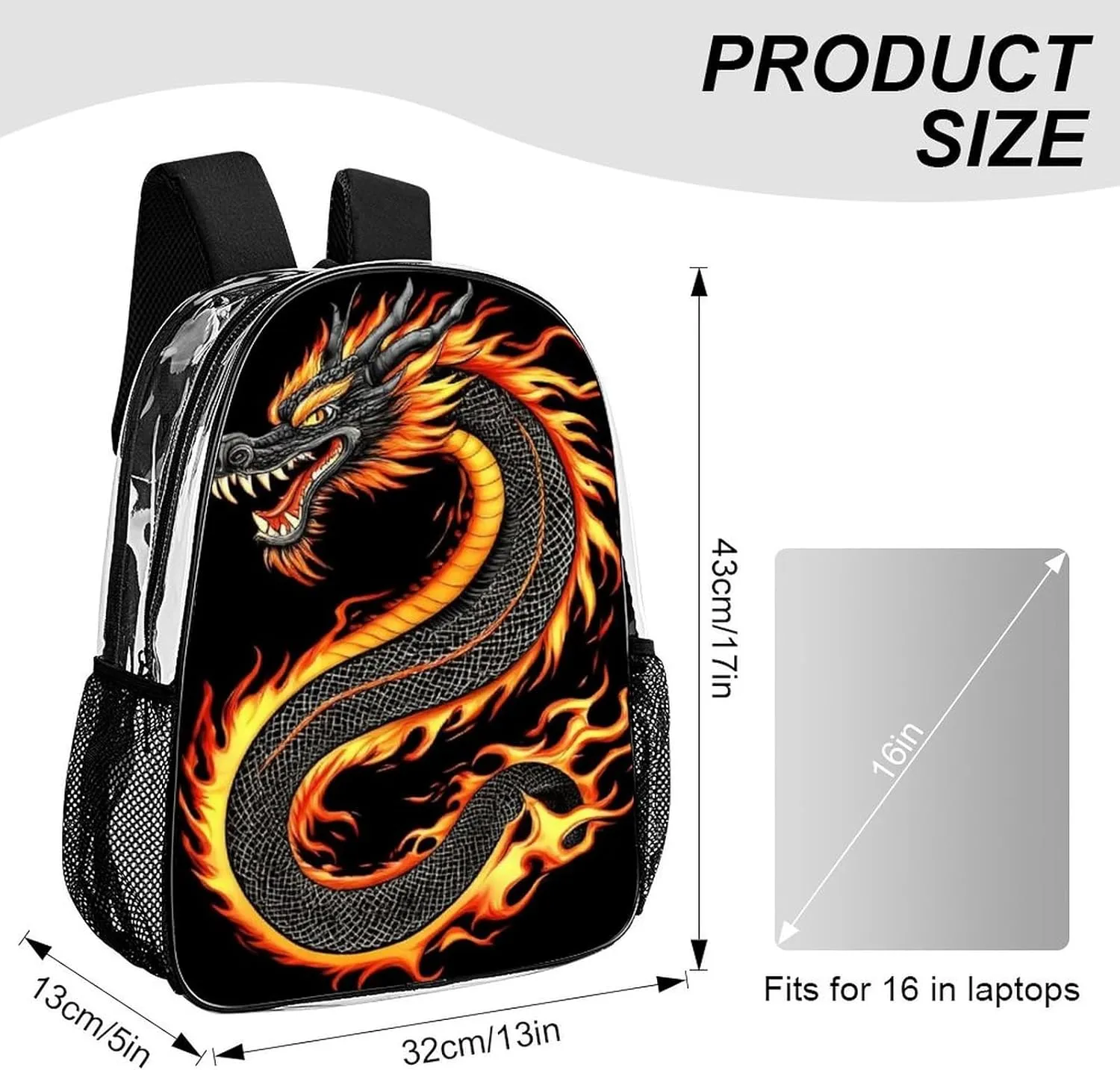 Men Women Lightweight Burning Flaming Fire Chinese Dragon Backpack Large Capacity Carry On Bag Transparent Bag for Sports Work Walking Cycling