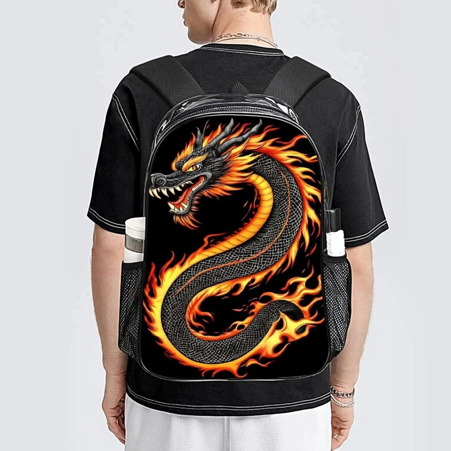 Men Women Lightweight Burning Flaming Fire Chinese Dragon Backpack Large Capacity Carry On Bag Transparent Bag for Sports Work Walking Cycling