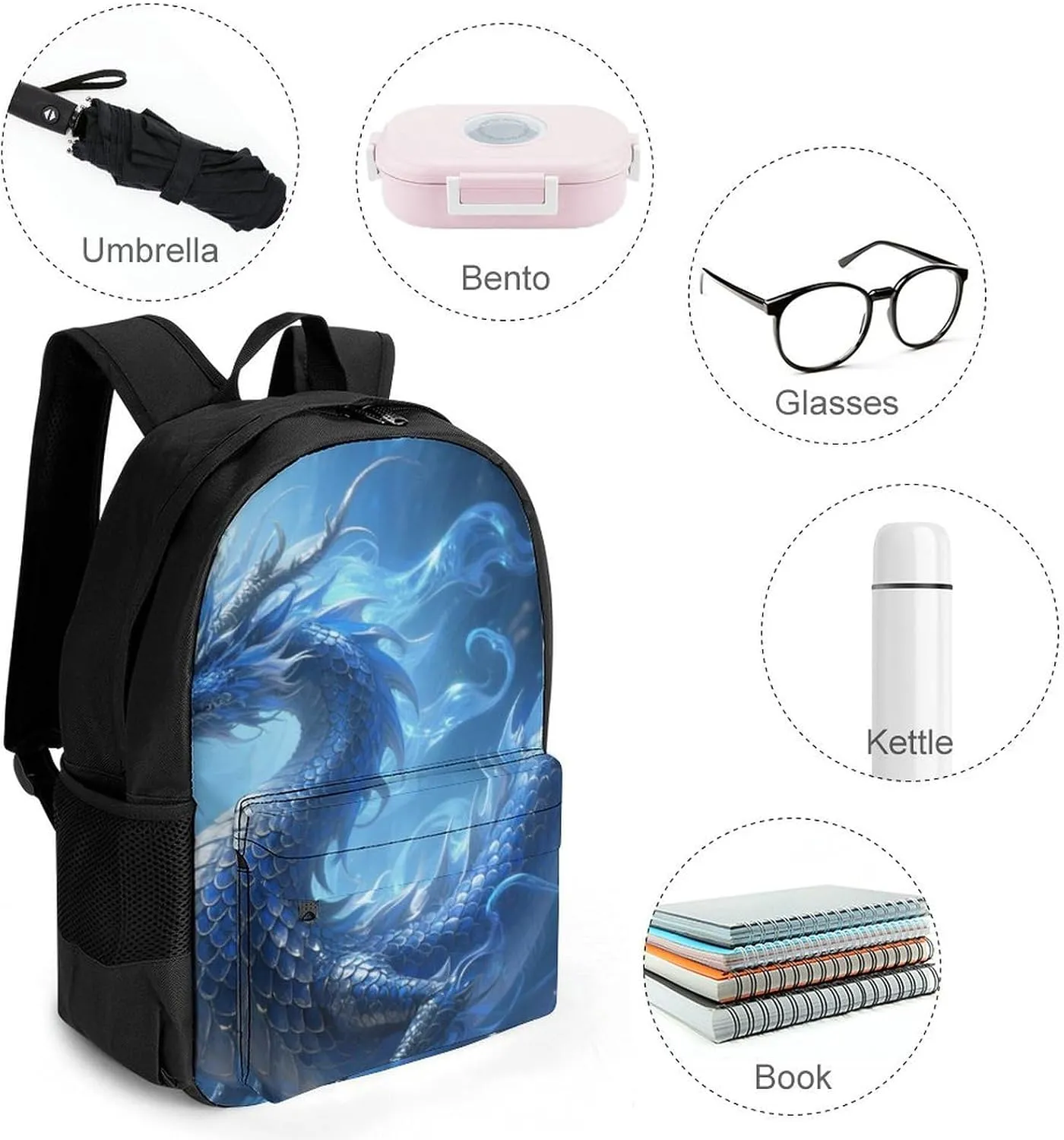 Men Women Lightweight Chinese Dragons Art Daypack Bookbag Big Capacity Carry On Bag With Side Pockets for Camping Travel Bicycle
