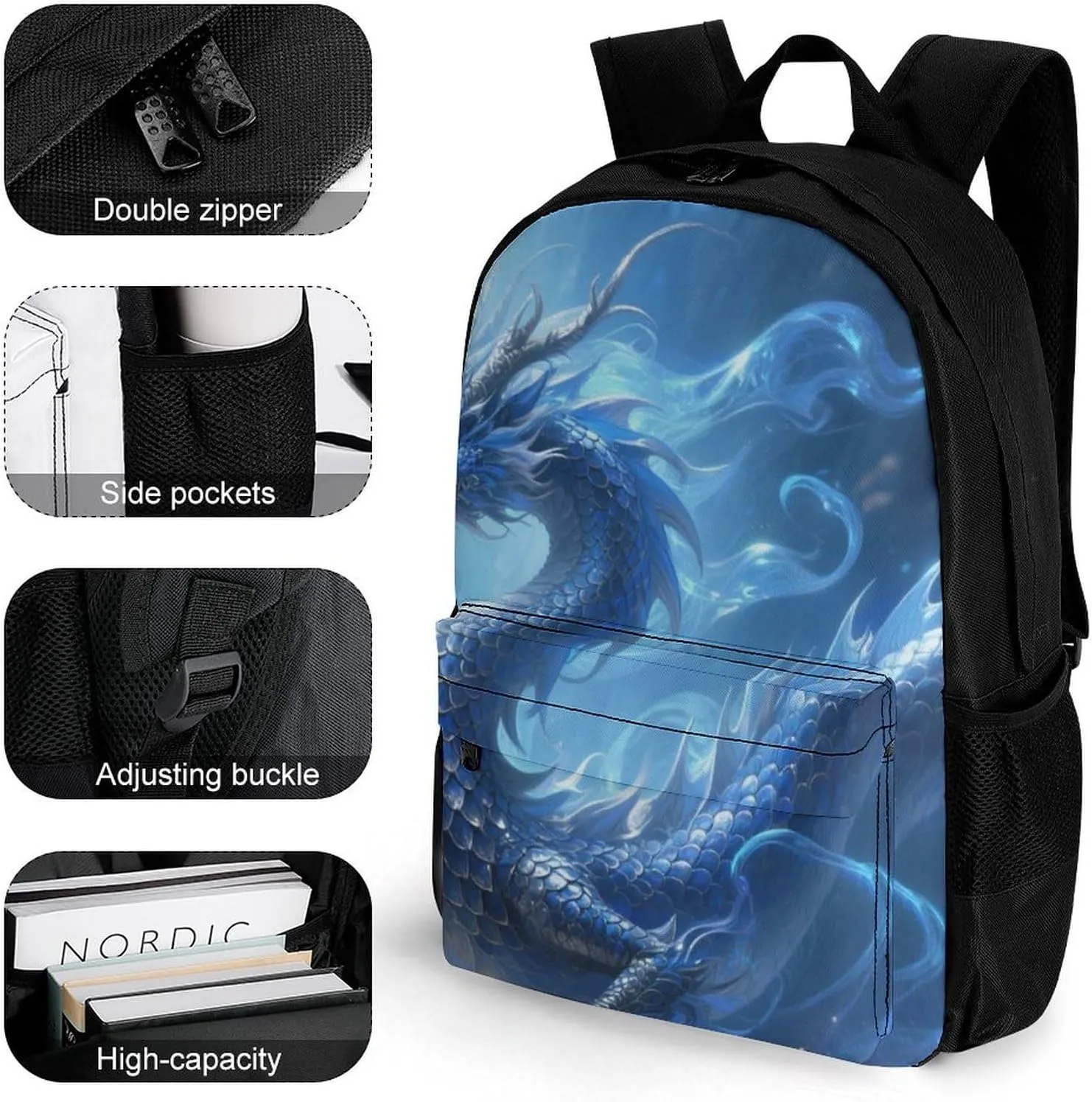 Men Women Lightweight Chinese Dragons Art Daypack Bookbag Big Capacity Carry On Bag With Side Pockets for Camping Travel Bicycle