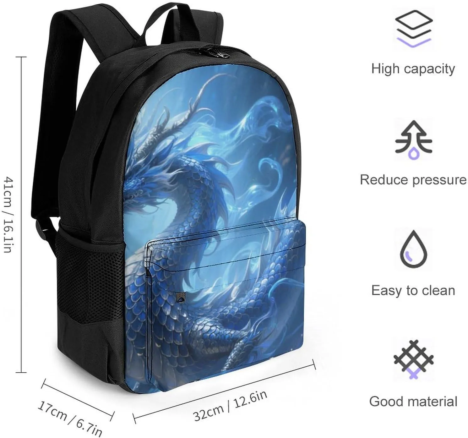 Men Women Lightweight Chinese Dragons Art Daypack Bookbag Big Capacity Carry On Bag With Side Pockets for Camping Travel Bicycle