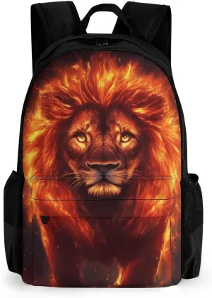 Men Women Lightweight Cool Fire Flaming Lion Art Backpack Large Capacity Bookbag With Smooth Zippers for Gym Business Running