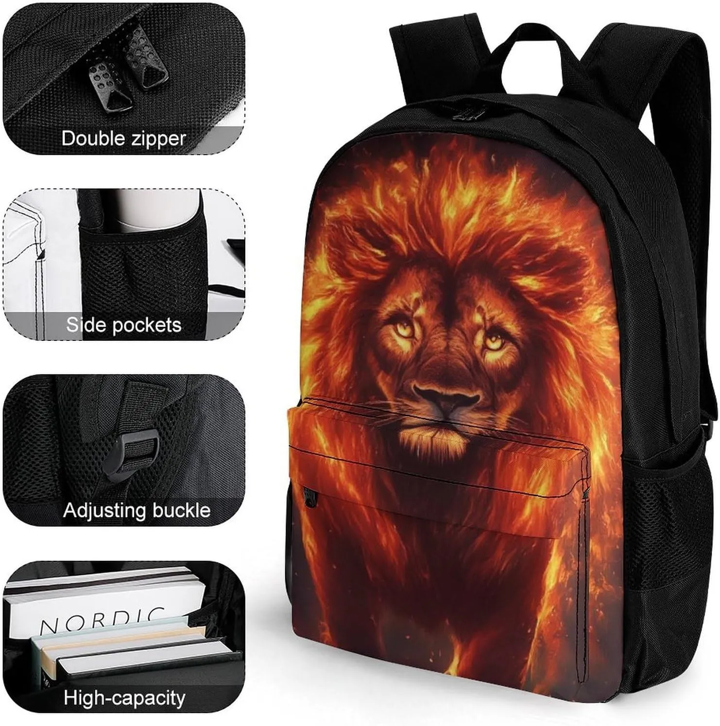 Men Women Lightweight Cool Fire Flaming Lion Art Backpack Large Capacity Bookbag With Smooth Zippers for Gym Business Running