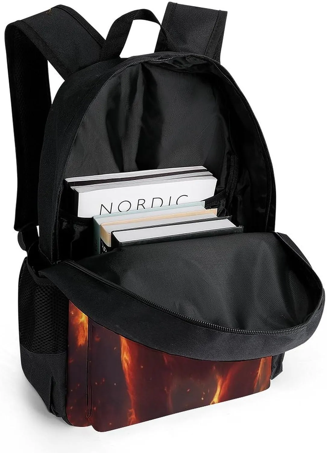 Men Women Lightweight Cool Fire Flaming Lion Art Backpack Large Capacity Bookbag With Smooth Zippers for Gym Business Running
