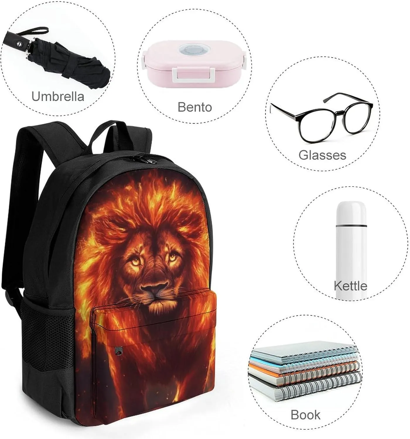 Men Women Lightweight Cool Fire Flaming Lion Art Backpack Large Capacity Bookbag With Smooth Zippers for Gym Business Running