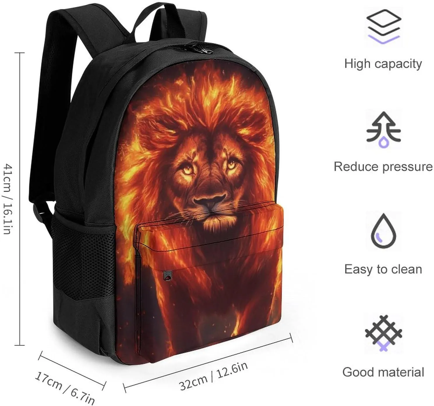 Men Women Lightweight Cool Fire Flaming Lion Art Backpack Large Capacity Bookbag With Smooth Zippers for Gym Business Running