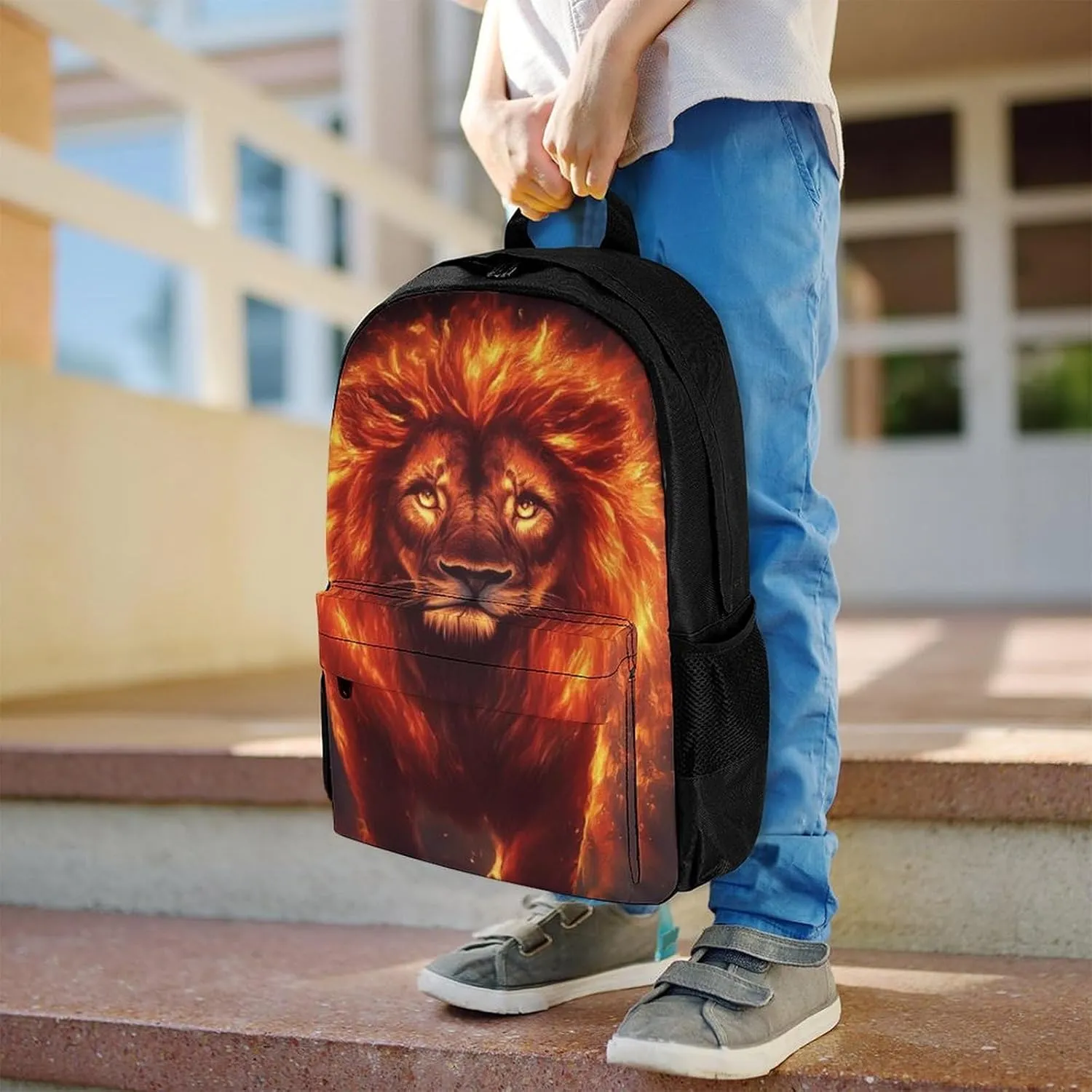 Men Women Lightweight Cool Fire Flaming Lion Art Backpack Large Capacity Bookbag With Smooth Zippers for Gym Business Running