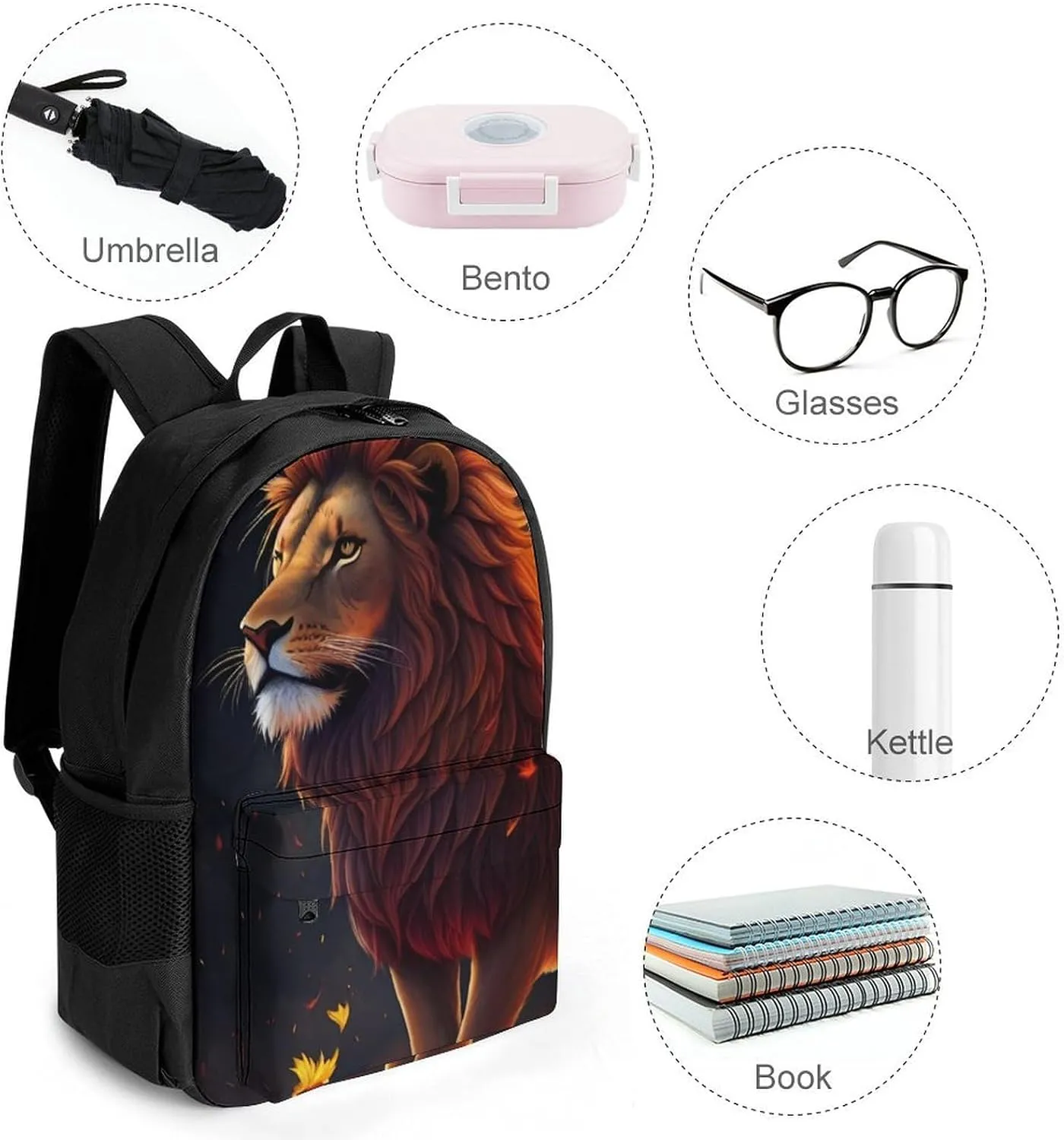 Men Women Lightweight Cool Lion Fire Surreal Style Art Casual Daypack Big Capacity Bookbag With Padded Straps for Gym Travel Walking Cycling