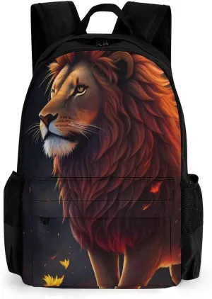 Men Women Lightweight Cool Lion Fire Surreal Style Art Casual Daypack Big Capacity Bookbag With Padded Straps for Gym Travel Walking Cycling
