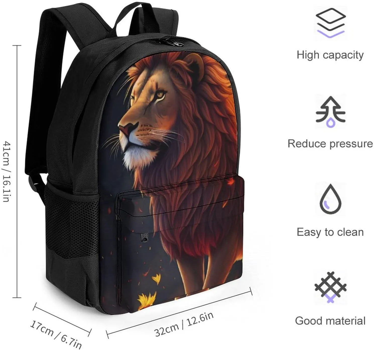 Men Women Lightweight Cool Lion Fire Surreal Style Art Casual Daypack Big Capacity Bookbag With Padded Straps for Gym Travel Walking Cycling