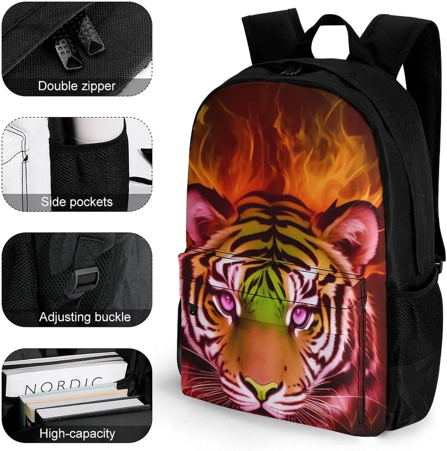 Men Women Lightweight Cool Tiger Head Fire Surreal Style Art Backpack Large Capacity Bookbag With Smooth Zippers for Gym Business Running