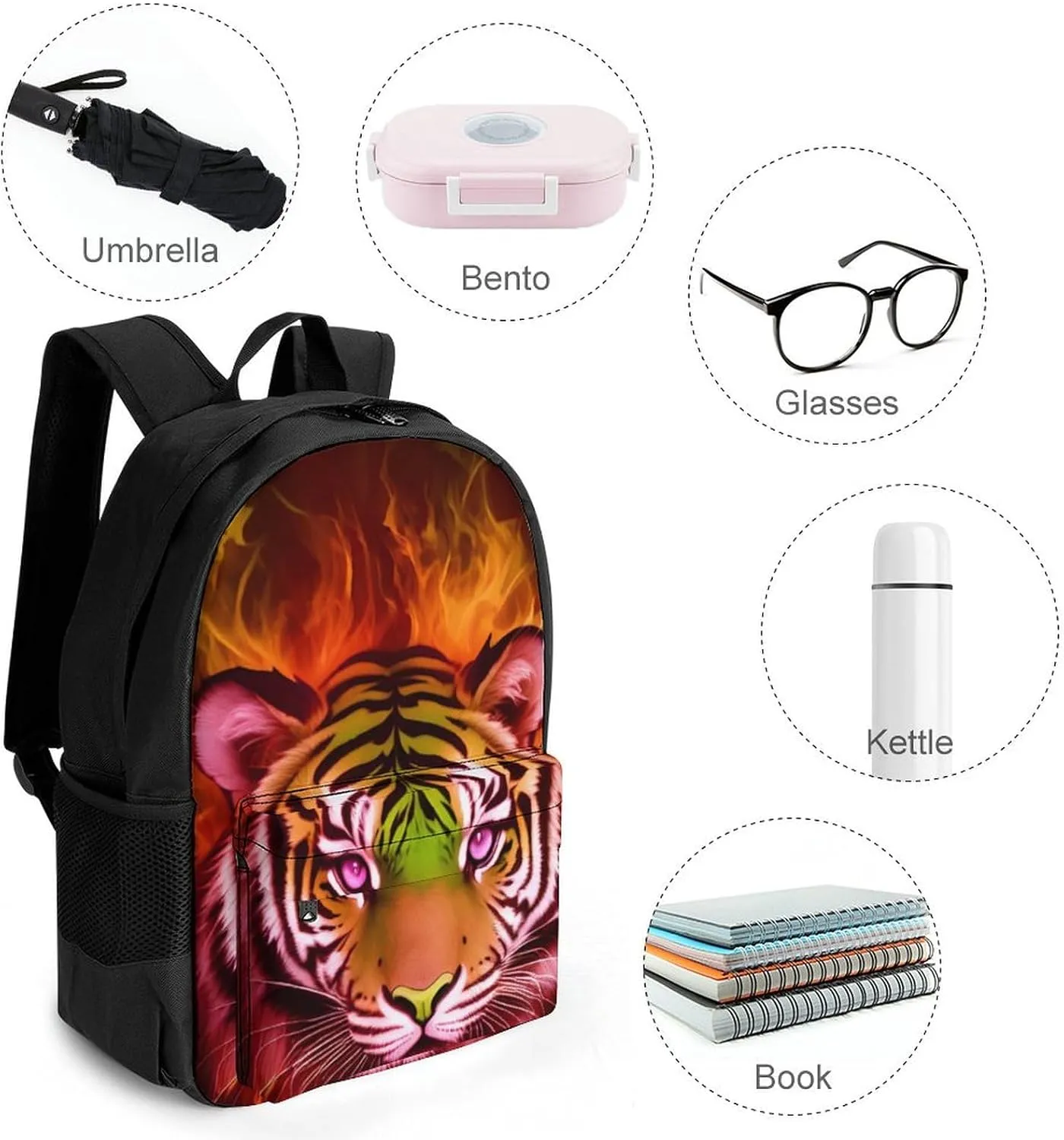 Men Women Lightweight Cool Tiger Head Fire Surreal Style Art Backpack Large Capacity Bookbag With Smooth Zippers for Gym Business Running