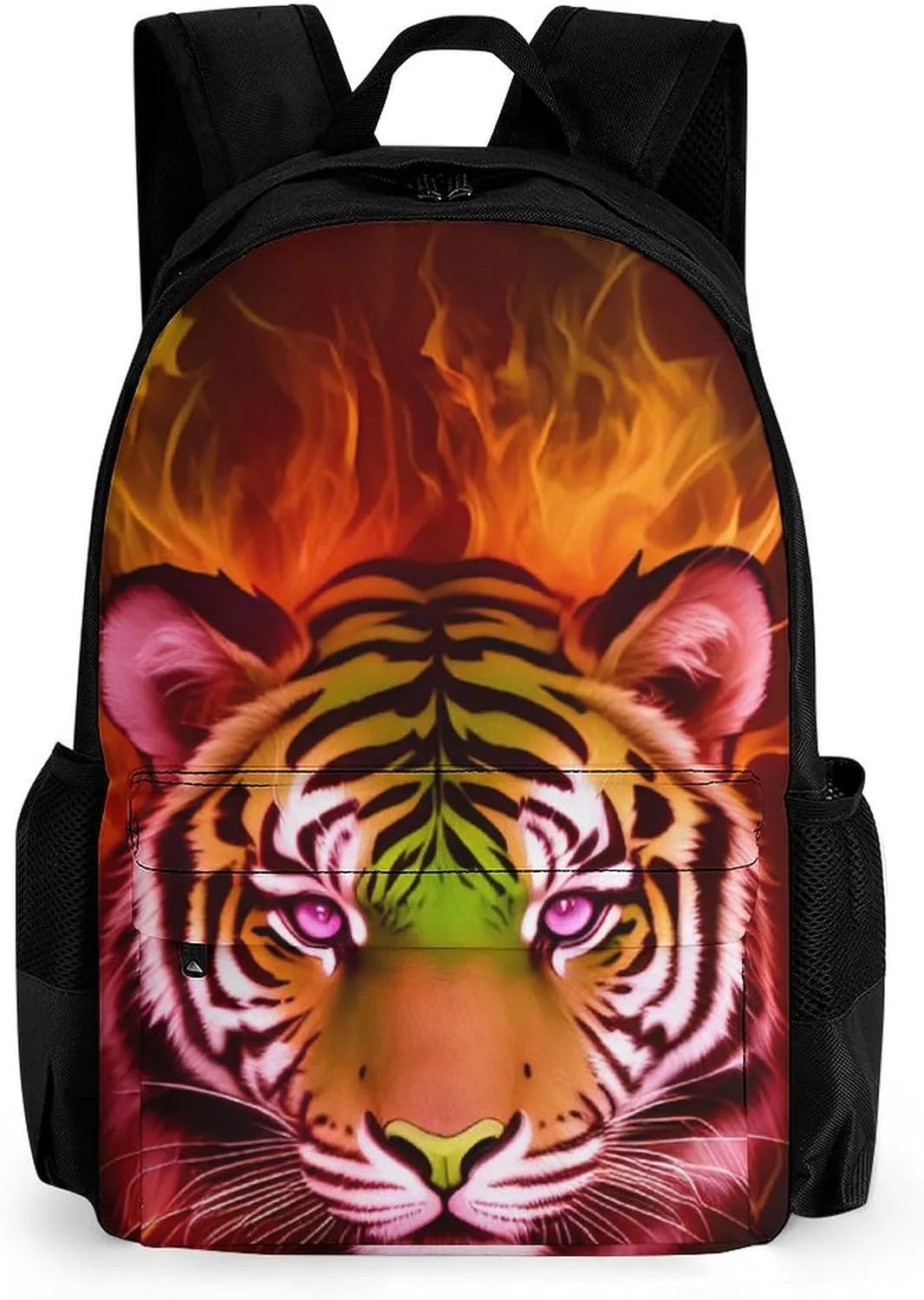 Men Women Lightweight Cool Tiger Head Fire Surreal Style Art Backpack Large Capacity Bookbag With Smooth Zippers for Gym Business Running