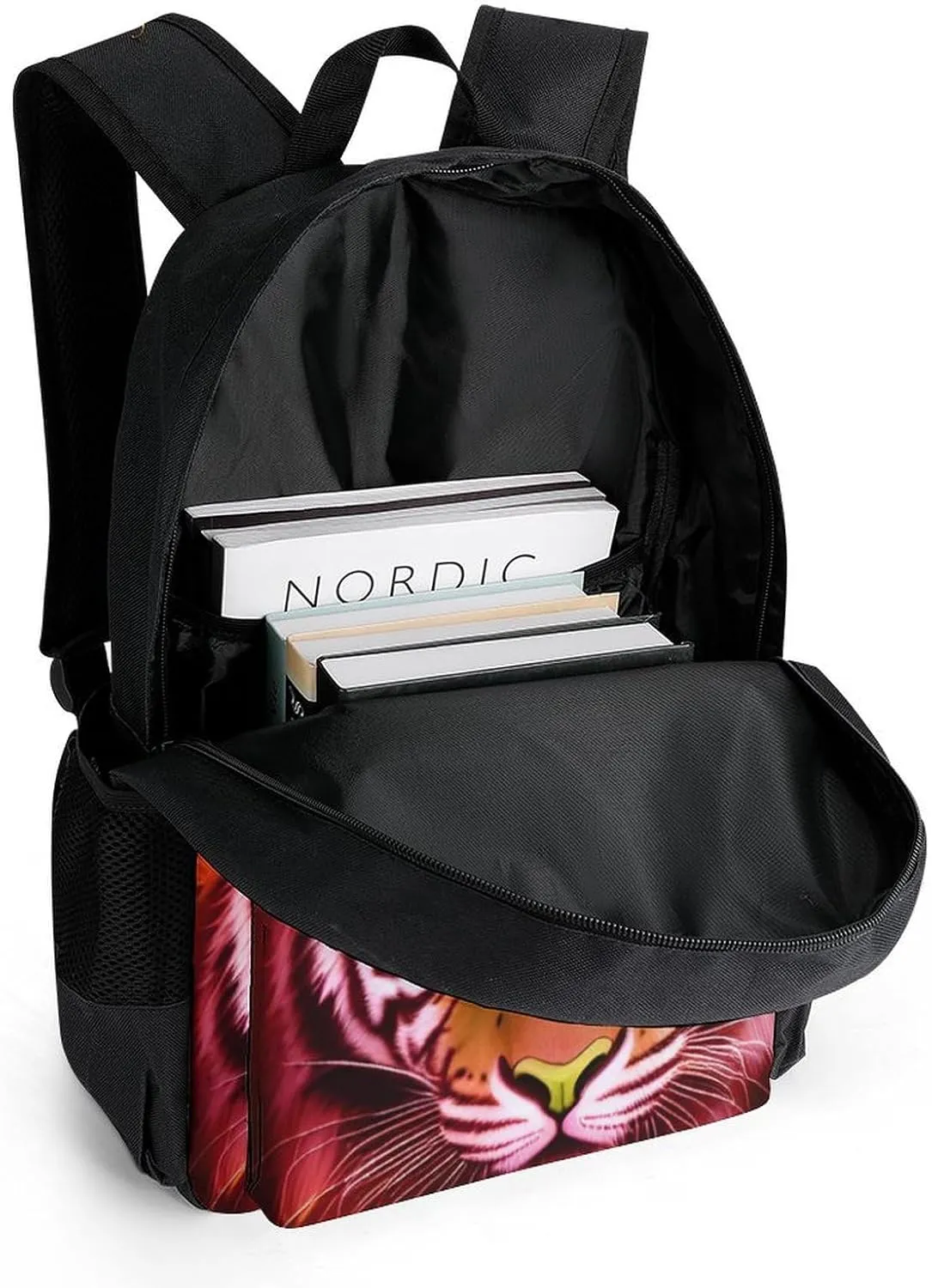 Men Women Lightweight Cool Tiger Head Fire Surreal Style Art Backpack Large Capacity Bookbag With Smooth Zippers for Gym Business Running