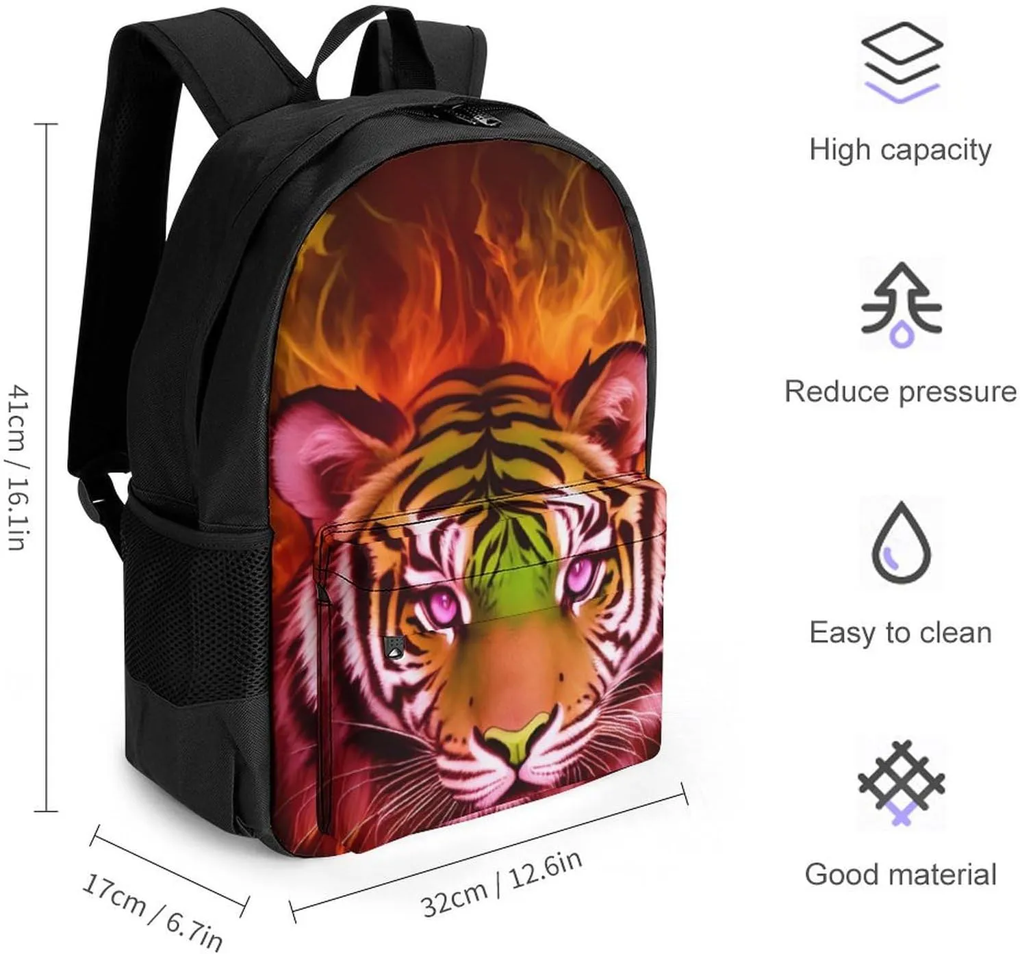 Men Women Lightweight Cool Tiger Head Fire Surreal Style Art Backpack Large Capacity Bookbag With Smooth Zippers for Gym Business Running