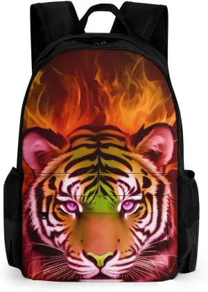 Men Women Lightweight Cool Tiger Head Fire Surreal Style Art Backpack Large Capacity Bookbag With Smooth Zippers for Gym Business Running